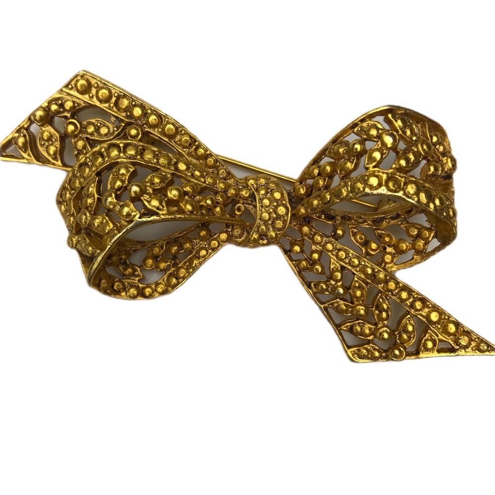 Vintage Gold tone Bow Reticulated Ribbon Brooch Jewelry